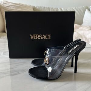 💖 Authentic Versace Alia Transparent Clear PVC Satin Medusa Mules Heels 💖